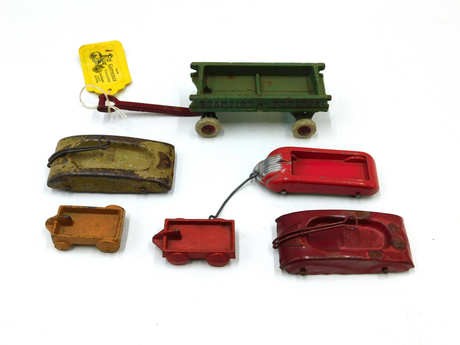 Lot of 6 Minatare Wagons: Lot of 6 Minatare Wagons including Original Champion Express with Original Wheels, (2) Art Deco Wagons - Non Movable Wheels, Tootsie Toys Wagon with Grill, and (2) Mostly Likely Wyandotte - Made in US