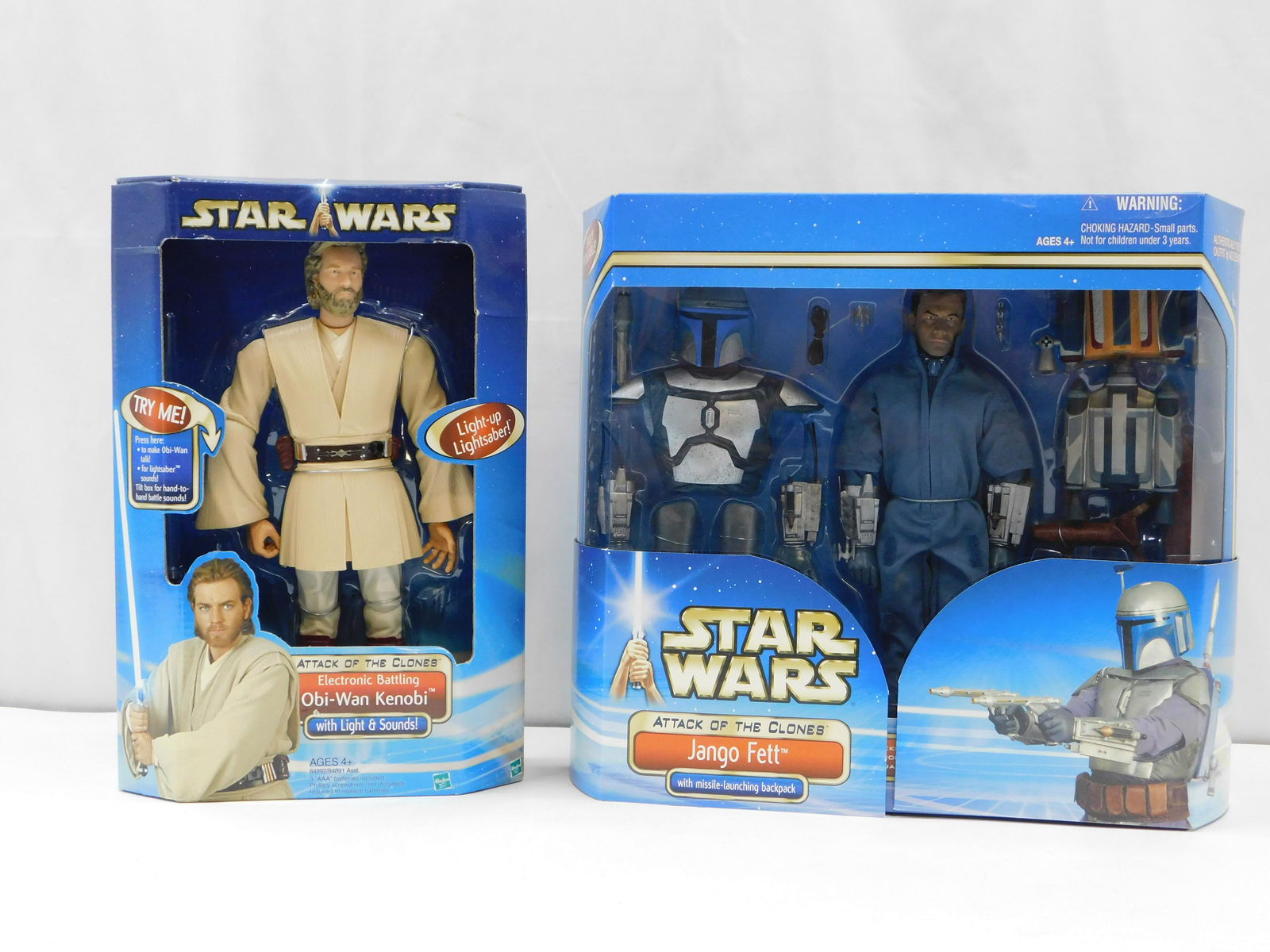 Lot of 2 Star Wars Attack of the Clones Figures: Lot of 2 Star Wars Attack of the Clones Figures including Electronic Battling Obi-Wan Kenobi and Jango Fett. All invoices must be paid within 24 hours of the sale. There are 3 Shipping Options. Please