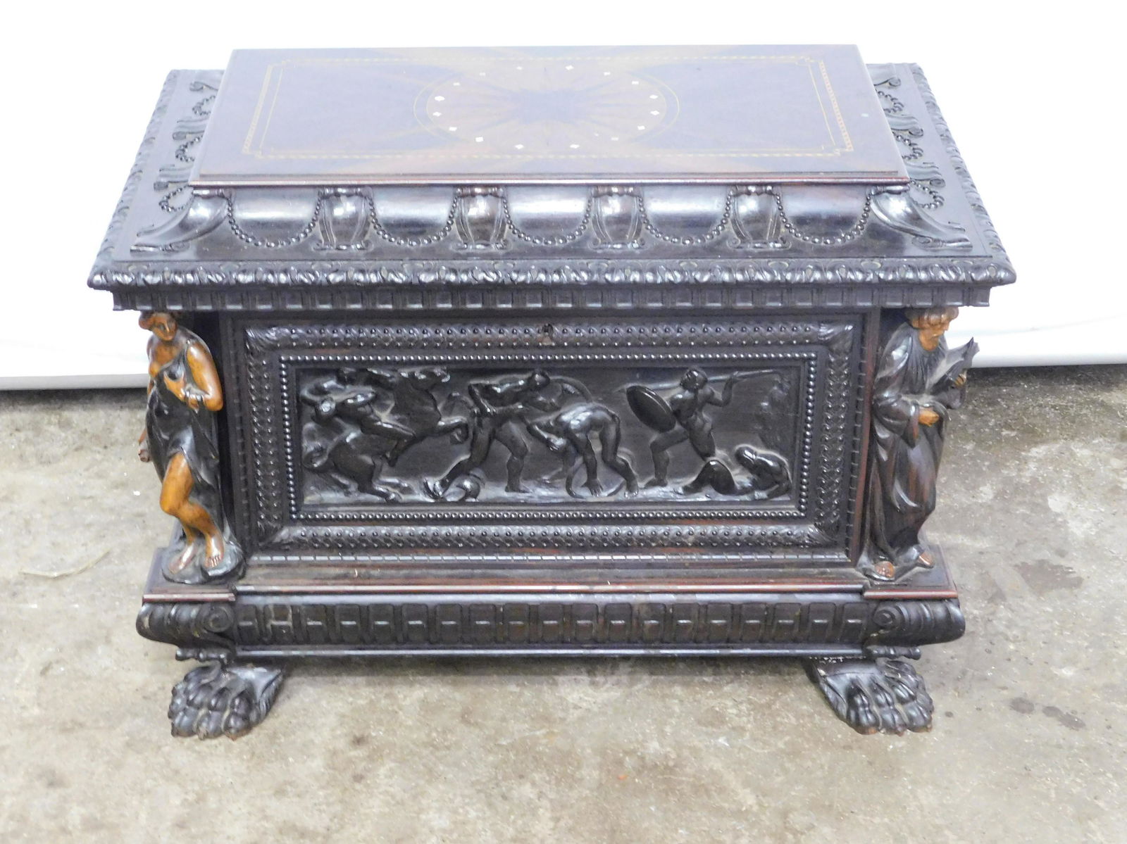 Walnut Inlaid Heavily Carved Casket Style Box (1 of 12)