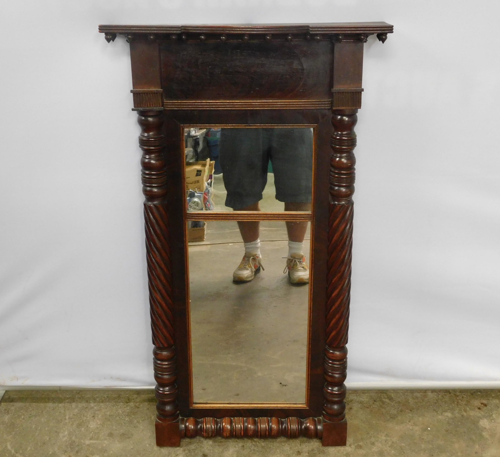 Victorian Carved Mirror: Victorian hand carved 2 part mirror with carved rope turn supports. Measures approx. 45" t x 25" l x 4" d. All invoices must be paid for within 24 hours. We offer multiple shipping options, please rea