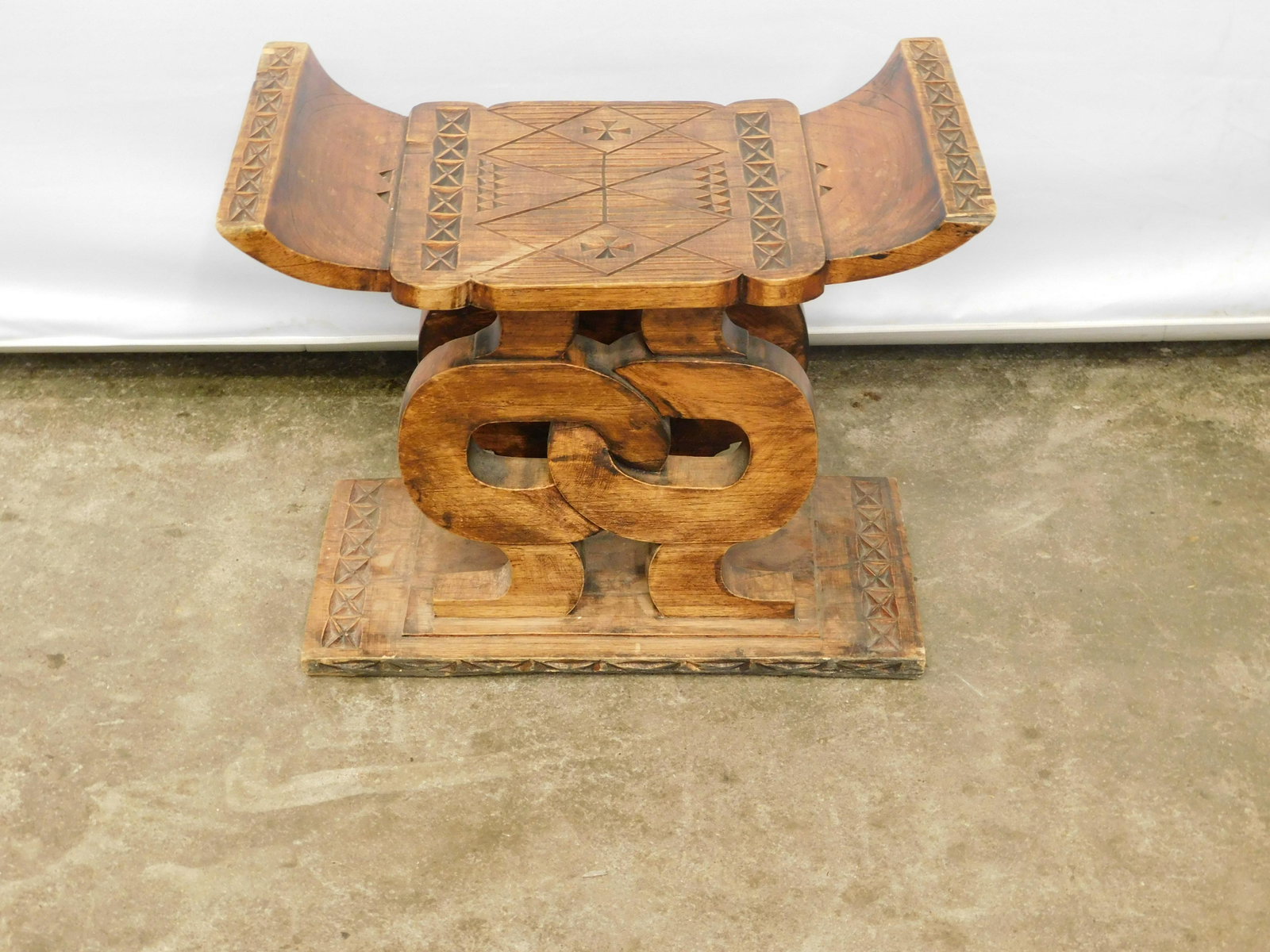 Hand Carved Bench Seat: Hand carved bench seat. Has wear and minor chips. Measures approx. 18 1/2" t x 20 1/2" l x 12" d. All invoices must be paid for within 24 hours. We offer multiple shipping options, please read the ter