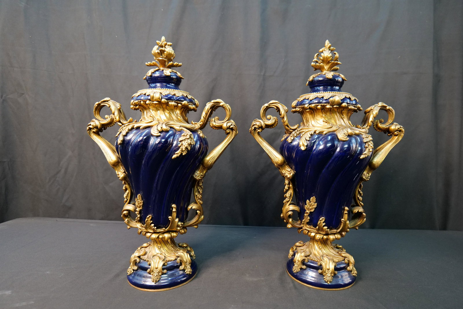 Pair of Double Handled Baroque Porcelain and Bronze Urns (1 of 11)