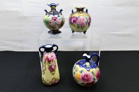 Hand-Painted Vases in a Flower Motif: Group lot of Hand-Painted vases in a flower motif. One marked Nippon. Largest measures 9" tall x 4" long. All invoices must be paid within 24 hours of the sale. We offer multiple shipping options, ple