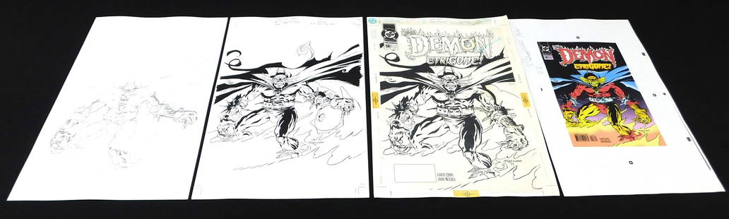 The Demon Original Comic Book Cover Art - Lot of 4 Pieces: Grouping of 4 Pieces of Original Comic Book Cover Art for DC Comics - The Demon #58 - Final Issue by John McCrea and Tatjana Wood. Includes the preliminary pencil, inked art, color proof and cover art