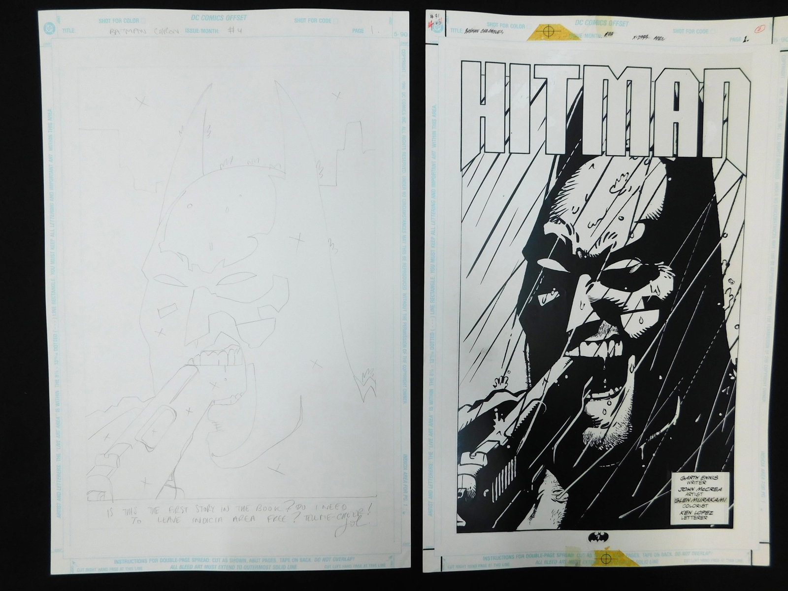 Original Comic Art Batman Chronicles Issue #4 Page 1 - 2 Pieces: Lot of 2 Pieces of Original Comic Book Art DC Batman Chronicles Issue #4 Page 1. Includes preliminary pencils and final inked art. Art is by John McCrea. Full splash page of Batman in Rain with a gun 
