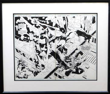 Batman LOTDK Original Comic Double Splash Page Art - Halloween Madness: Original Comic Book Art - Double Splash Page -Batman Legends of the Dark Knight Madness Halloween Special Issue #2 Page 2 & 3. Art by Tim Sale. Has images of Batman, Mad Hatter, Barbera Gordon, and Co