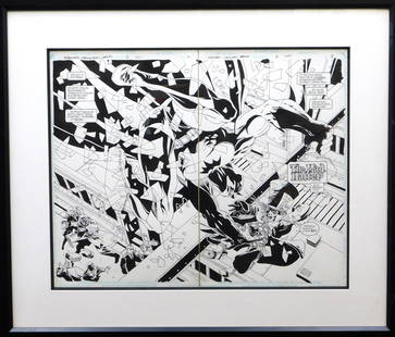 Batman LOTDK Original Comic Double Splash Page Art - Halloween Madness: Original Comic Book Art - Double Splash Page -Batman Legends of the Dark Knight Madness Halloween Special Issue #2 Page 2 & 3. Art by Tim Sale. Has images of Batman, Mad Hatter, Barbera Gordon, and