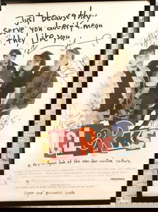 Clerks Movie Poster - Autographed: Clerks Movie Poster - Autographed by Kevin Smith, Jay Mewes, Brian Johnson, Marilyn Ghigliotti, and Jeff Anderson. Poster has minor tear and plastic cover has 2 tears. Measures 41" tall x 28" wide. Al