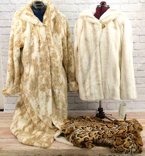 Lot of 3 Faux Fur Coats and Vest Set: Lot of 3 Faux Fur Coats and Vest Set. Including (2) Pamela McCoy - One with Tag - Size Large - One long and other short - both have hoods and Timeless Leopard Print Vest with Matching Scarf - Size XL.