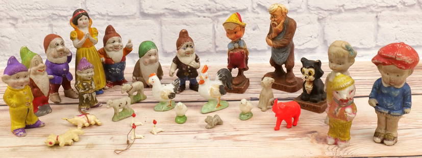 Lot of Vintage Figurines: Lot of Vintage Figurines including Bisque Disney Japan Snow White and the Seven Dwarfs, Walt Disney Productions Pinocchio Wooden Figures, and Other Various Bisque and Porcelain Figures and Animals. Al