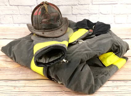 Fireman Jacket and Helmet: Fireman Jacket and Helmet. Helmet has shields attached. Helmet #27 on front. Wear present. Came from an estate we picked up in the Boston Mass. area. Fire hat is made by Cairns & Brother Clifton NJ. A