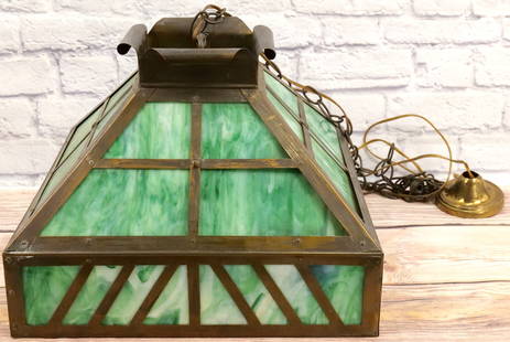 Stained Glass Arts and Crafts Hanging Chandelier: Stained Glass Arts and Crafts Hanging Chandelier. Measures 14" tall x 18" wide. One side of stained glass should be re-tightened. All invoices must be paid for within 24 hours. We offer multiple shipp