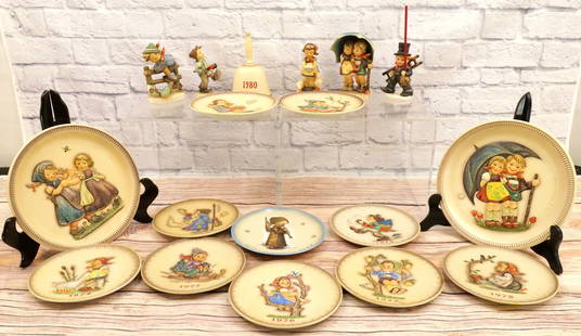 Group Lot of Hummel Items: Group Lot of Hummel Items including Collector Plates 1972-1980 - 7.5", (2) 10.5" Plates, 1980 Bell, (3) Hummel Figurines - Umbrella has flea bite chip on base, and 2 other figures. All invoices must b