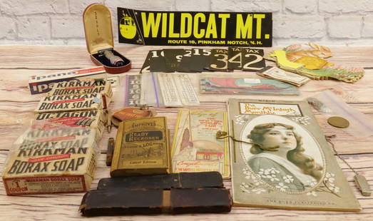 Lot of Vintage Advertising: Lot of Vintage Advertising including Kirkman Borax Soap in Package, Ipana Toothpaste - Factory Sealed, Antique and Vintage Men's Razors, and Paper Goods. All invoices must be paid for within 24 hours.