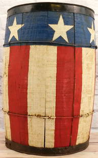 American Folk Art Barrel with American Flag Design: Hand Painted American Folk Art Barrel with American Flag Design. Measures 18" tall x 12" wide. All invoices must be paid for within 24 hours. We offer multiple shipping options, please read the terms