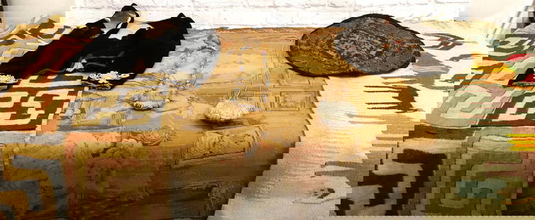 Lot of Textiles: Lot of Textiles including Indian Style Prayer Rug, Burlap Throw Rug, French Tapestry - Staining, Victorian Style Bodice with Detachable Sleeves, Oriental Silk Tablecloth, African Beaded Necklace, and