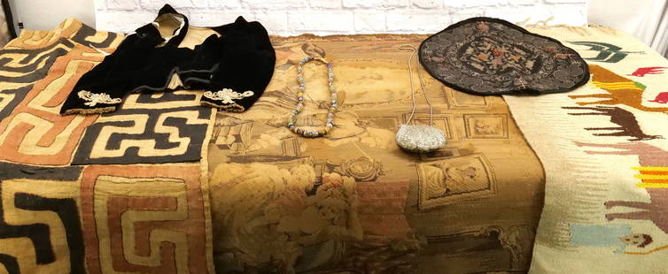 Lot of Textiles: Lot of Textiles including Indian Style Prayer Rug, Burlap Throw Rug, French Tapestry - Staining, Victorian Style Bodice with Detachable Sleeves, Oriental Silk Tablecloth, African Beaded Necklace, and