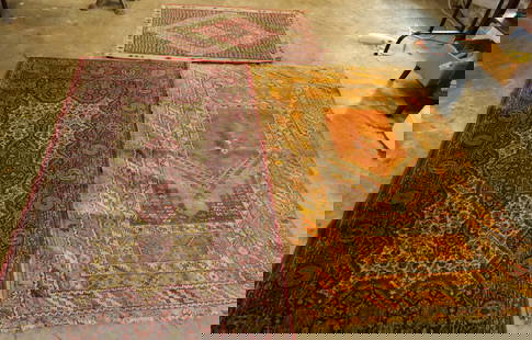 Group Lot of 3 Estate Prayer Rugs: Group Lot of 3 Estate Prayer Rugs. Two are handmade and the other is machine made. All have heavy wear, holes and damage around the borders. All could use a cleaning. Largest measures 71" x 36". All i
