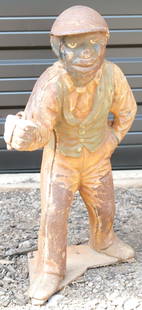 Antique Cast Iron Lawn Jockey: Antique Cast Iron Lawn Jockey. Has paint loss but there is original green paint on vest. Cast Iron base has been broken but he stands. Measures 23" tall x 10" wide. All invoices must be paid for withi