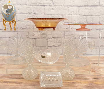 Group Lot of Elegant and Depression Glass: Group Lot of Elegant and Depression Glass. Including Pink Depression Etched Glass Cake Plate, Amber Footed Bowl, American Fostoria Pair of Candlesticks, Crystal Box and Bowl - Possibly Unsigned Waterf