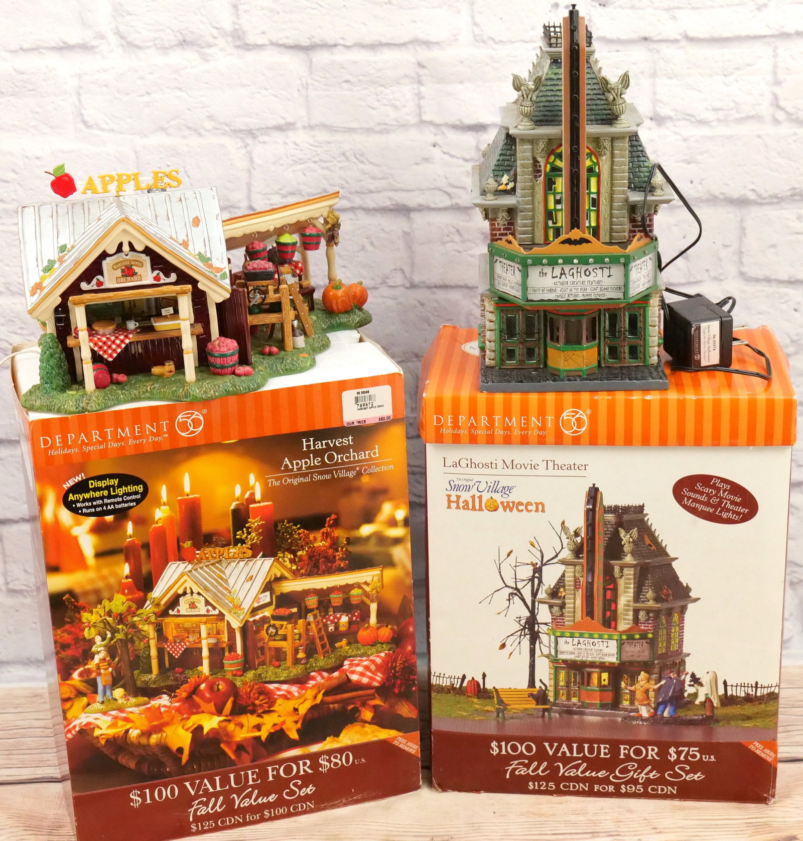 Lot of 2 Department 56 Snow Village Items: Lot of 2 Department 56 Snow Village Items including Harvest Apple Orchard - Missing Accessory and Cord and Halloween LaGhosti Movie Theater - Chipping on House - Missing Accessory - Has Power Cord. Al
