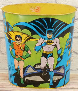 Vintage Batman & Robin 1966 Tin Litho Wastebasket: Vintage Batman & Robin 1966 National Periodical Publications Tin Litho Wastebasket. Lid has 1 minor start of tear at seam, minor paint loss, and minor scratching to Batman's boot but in very good cond