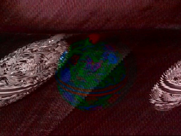 Herand porcelain dresser box with open pierce work: Herand porcelain dresser box with open pierce work. Measures 4" high by 3 3/4" diameter. Buyer to pay $20.00 shipping and handling to be sent US priority Mail. Insurance is at an additional cost to th