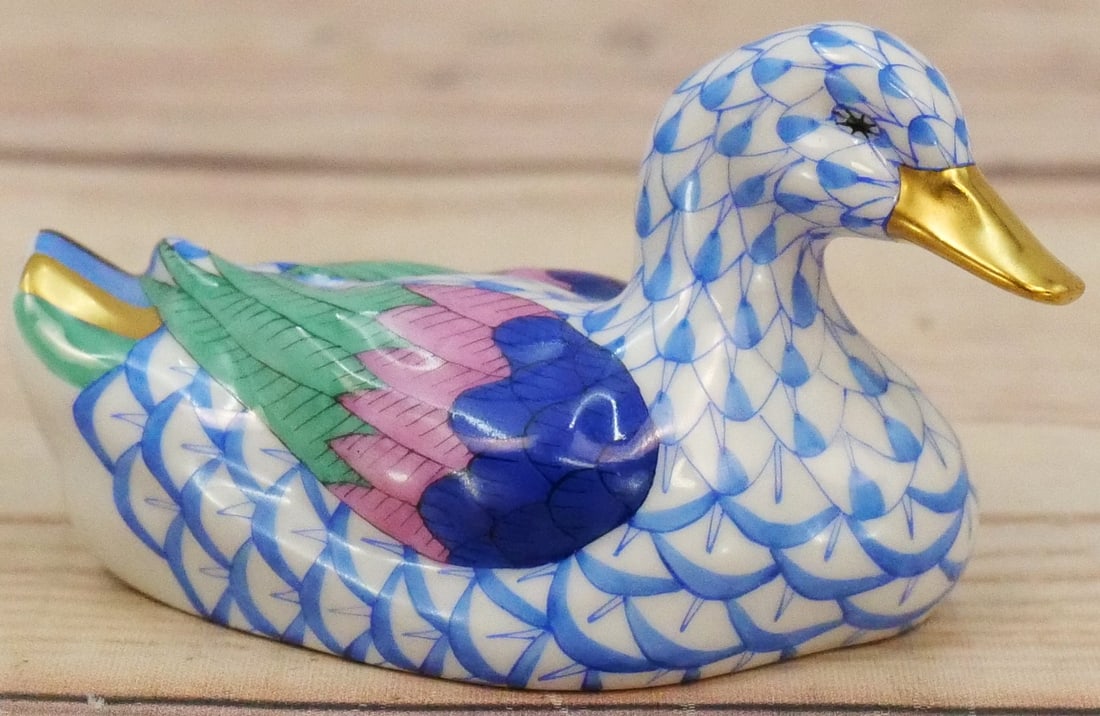 Herend Blue Fishnet Duck Figurine (1 of 6)
