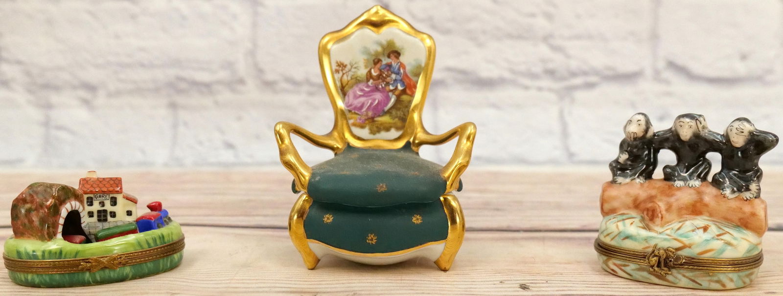 Lot of 3 Limoges Dresser Boxes: Lot of 3 Limoges Dresser Boxes including Monkeys - See, Hear, Say No Evil - Marked Rochard, Train with Station and Tunnel - Marked Limoges Imports, and French Chair with Portrait Back Scene - Marked L