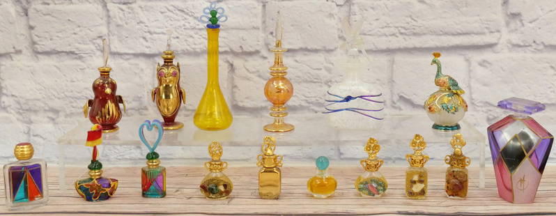 Lot of 16 Perfume Bottles: Lot of 16 Perfume Bottles including Italian Art Deco Paint Decorated Diamond Design, Art Glass with Hummingbird Stopper, (2) Art Glass Penguins, Art Glass with Enamel Peacock, and other art glass and
