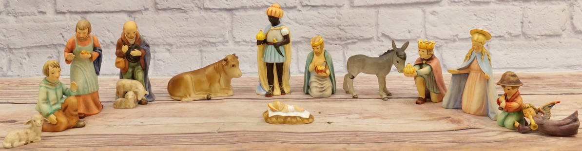 Hummel Nativity Set - 13 Pieces: 13 Piece Hummel Nativity Set. Including (3) Kings, (2) Shepherd, Mary, Joseph, Jesus, Donkey, Cow, Sheep, Flying Angel, and Kneeling Shepherd. Trademark 6 and 7. Largest measures 6.5" tall. All invoic