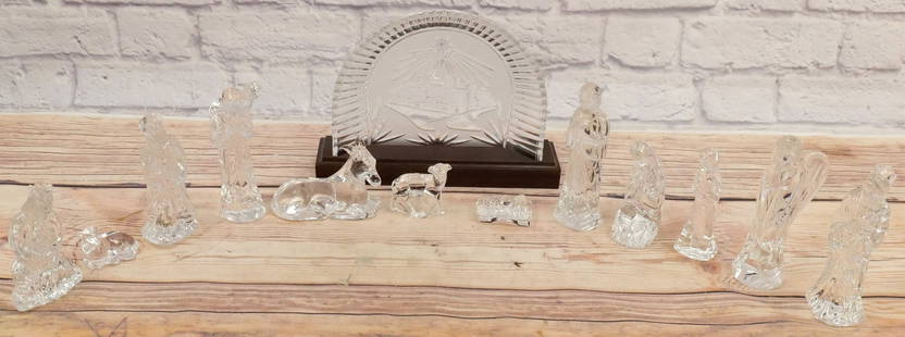 Waterford Crystal Nativity Set - 13 Pieces: 13 Piece Waterford Crystal Nativity Set. Including Pictorial Diorama with Star of David, Angel, (3) Kings, (2) Shepherds, Mary, Joseph, Baby Jesus, Donkey, and (2) Sheep. Largest measures 8" tall x 10