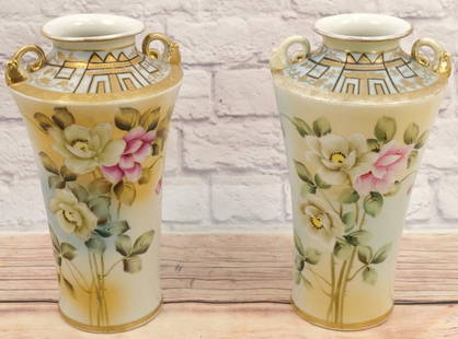 Pair of Hand Painted Nippon Double Handled Tall Vases: Pair of Hand Painted Nippon Double Handled Tall Vases with Rose and Flower Motif. Measures 12.5" tall x 7" wide. All invoices must be paid within 24 hours of the sale. We offer multiple shipping optio