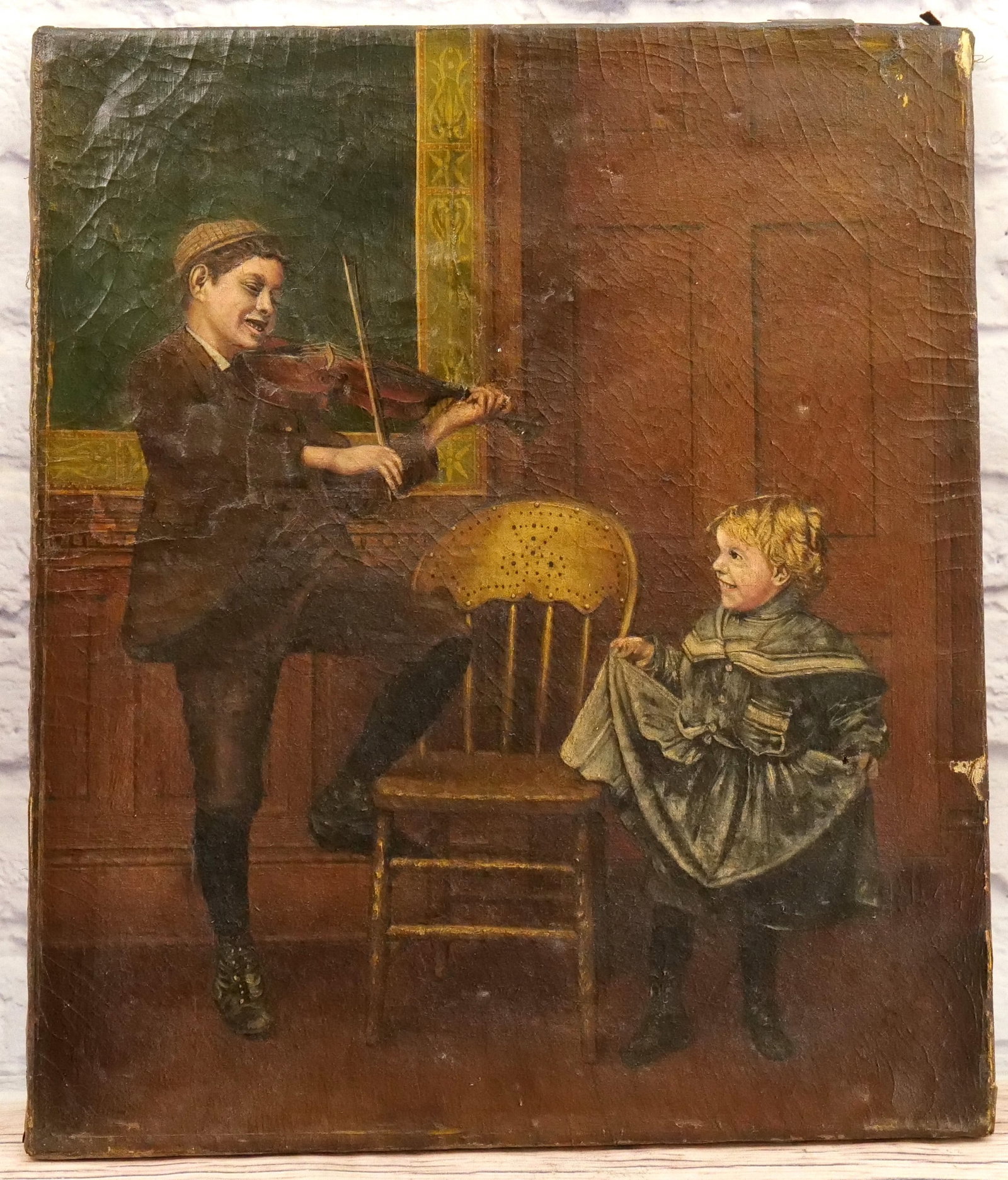 19th Century Oil on Canvas: 19th Century Oil on Canvas depicting Young Boy Playing Violin with Young Girl. Has been relined. Minor tearing near stretchers. Also has puncture near girls hand. Measures 19" tall x 16" wide. All inv