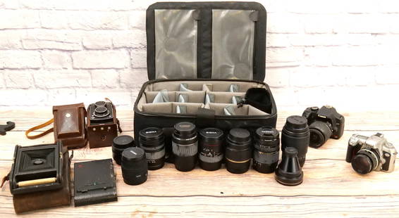 Group Lot of Cameras: Group Lot of Cameras including Yashica-A Box Camera, Kodak No. 3 Autographic Camera, Canon EOS Digital Camera, and Nikon N75 35mm. Lot also includes 9 Lenses including Nikon TC-E3ED, Various Canon and