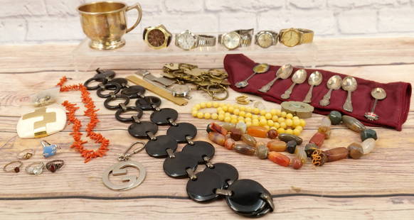 Mixed Lot of Collectibles and Jewelry: Lot of Mixed Collectibles and Jewelry including Silverplate Spoon Set, Various Watches - Citizen, Timex, Armitron, Costume Jewelry, and More. Some Pieces are AS-IS. All invoices must be paid within 24