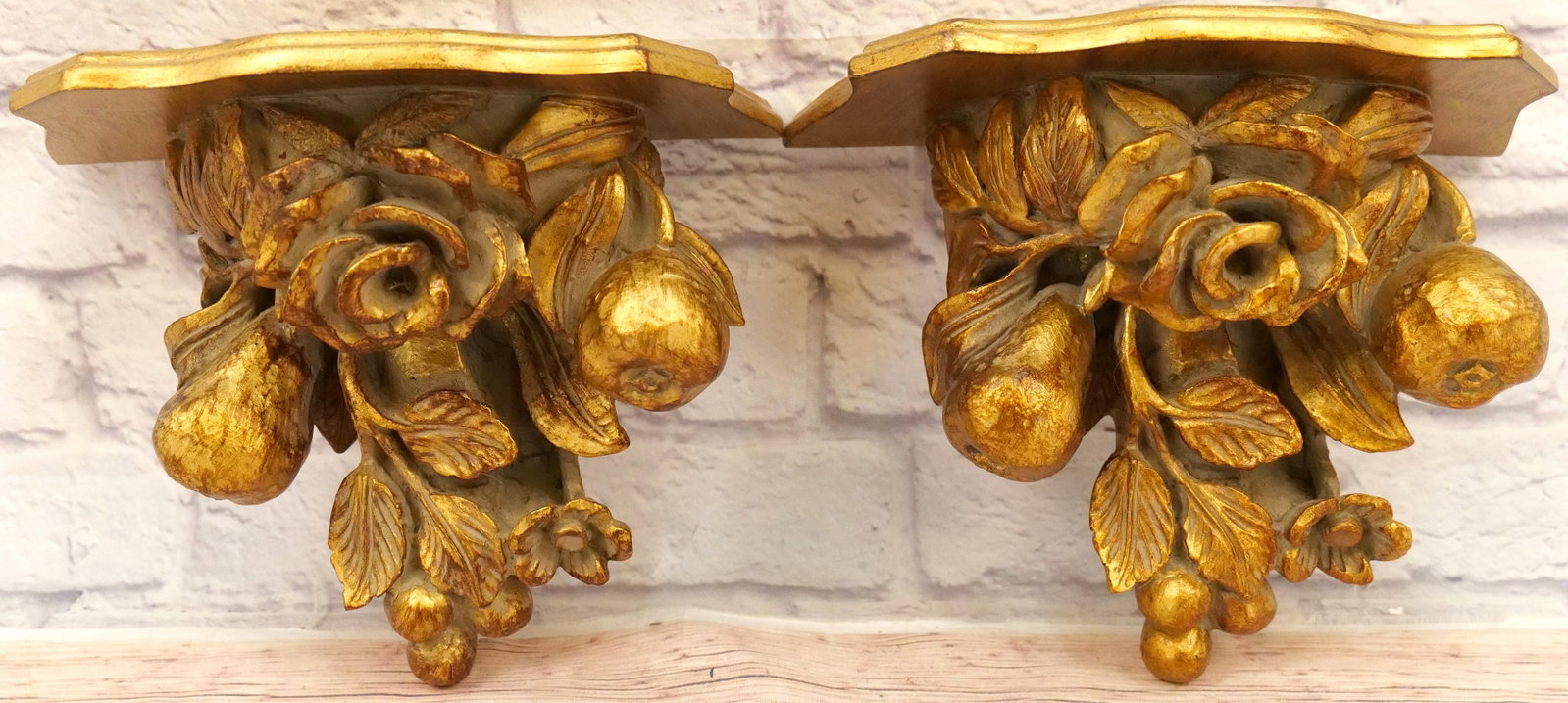 Pair of Wall Shelfs: Pair of Wall Shelfs. Flower and Fruit Design. Measures 10.5" long. All invoices must be paid within 24 hours of the sale. We offer multiple shipping options, please read the terms as they have changed