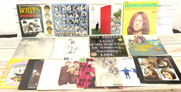 Lot of 16 Beatles Vinyl Records: Lot of 16 Beatles Vinyl Records including Yellow Vinyl Magic Mystery Tour, White Album with Poster, Yellow Submarine, Beatles Live, and More. Some damage to the John and Yoko cover and to the Songs an