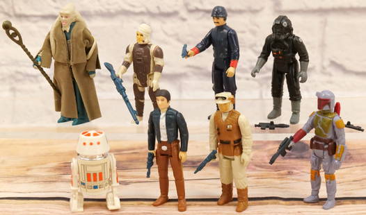 Group Lot of Vintage Kenner Star Wars Action Figures: Group Lot of Vintage Kenner Star Wars Action Figures including Boba Fett, Imperial Tie Fighter, Bespin Han Solo, Luke Skywalker in Hoth, Bespin Guard, Bib Fortuna, Dengar, and R5-D4. Most figures are