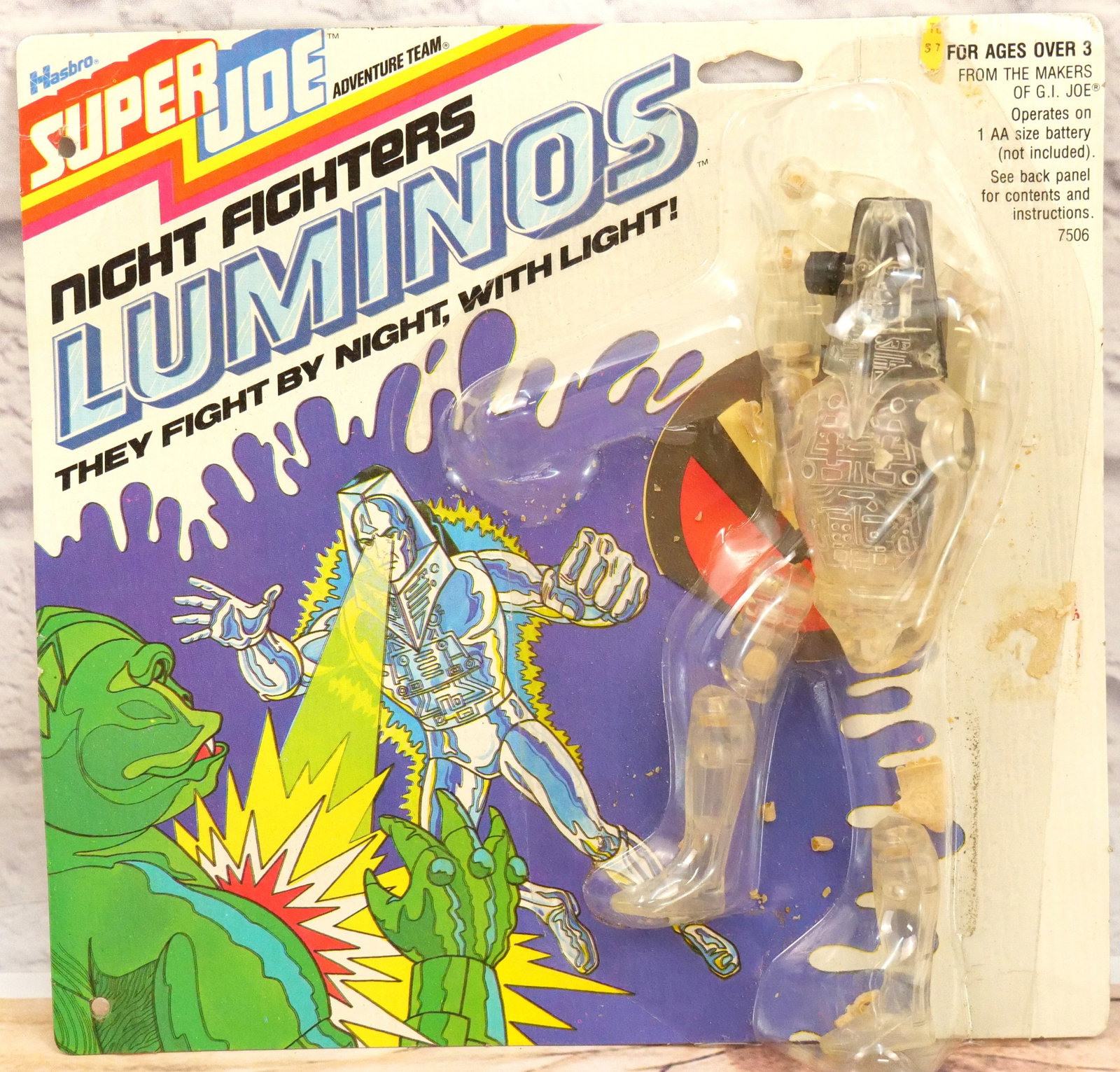 Super Joe Night Fighters Luminos Figure: Vintage Hasbro Super Joe Night Fighters Luminos Figure. Sealed on Card. Figure has some damage inside the sealed card. Needs to be restrung and pretty sure some of the plastic pieces may be broken. Al