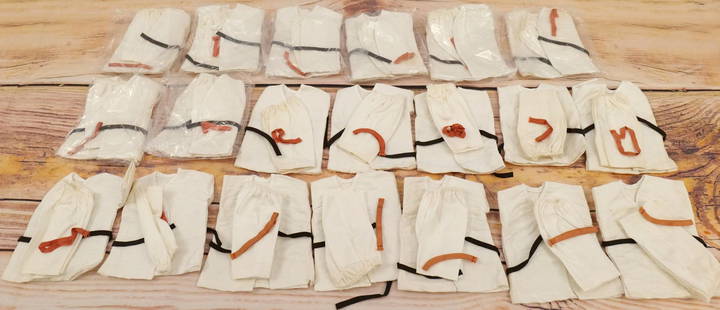 Lot of 20 James Bond Odd Job Karate Outfits: Lot of 20 James Bond Odd Job Karate Outfits by AC Gilbert Co. Japan. The outfits are complete. Some minor light discoloration present on a couple sets. All invoices must be paid within 24 hours of