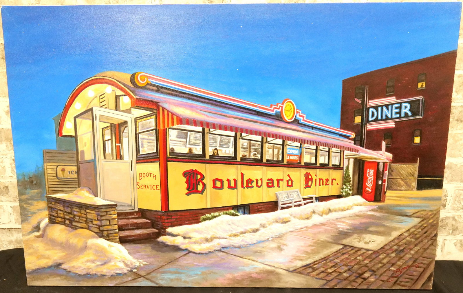 Boulevard Diner by Glen Fortune Banse: Original Oil on Canvas by Glen Fortune Banse (1948-2018) Entitled "Boulevard Diner". Signed Lower Right. Dated '16. Signed and noted on back of canvas. Measures 24" tall x 36". wide. Unframed. Glen Fo