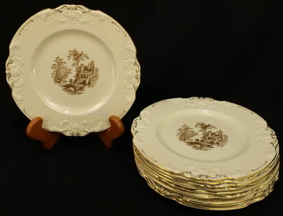 Set of 10 Marlrorough Dessert Plates: Set of 10 Marlrorough Crescent George Jones & Sons English Dessert Plates. Gold Gilded Edge with English Scene in the Center. Eggshell Color. Measures 9" diameter. All invoices must be paid within 24