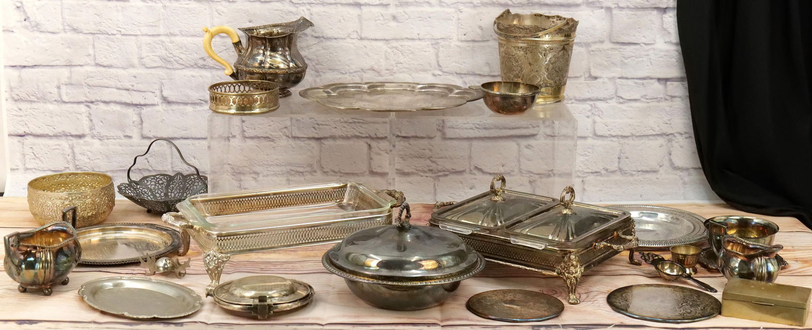 Huge Lot of Silverplate: Huge Lot of Silverplate. Including 19th and 20th Century American and European Pieces, Center Bowl, Decorative Ice Bucket, Oversized Creamer with Carved Bone Handle, Gorham Condiment Server, Trivets,