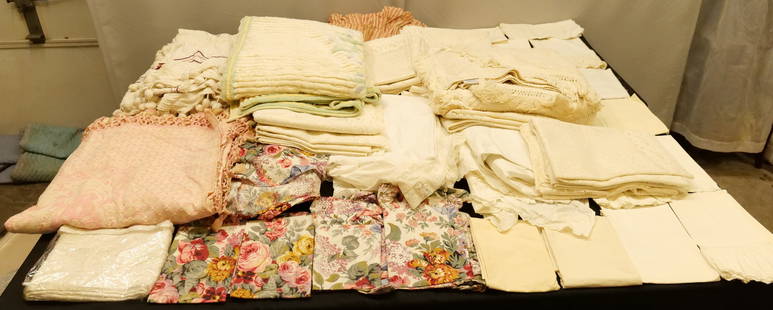 Large Lot of Bedspreads and Curtains: Extremely Large Lot of Vintage to Newer Bedspreads and Curtains. Lot includes a Stagmoss Bedspread, George Washington's Choice Twin Bedspread - New in Box, Pink and White Coverlet, and other various b