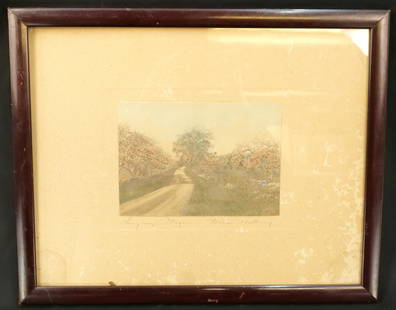 Framed Wallace Nutting: Framed Wallace Nutting. Entitled "Honeymoon Cottage". Signed on Back Lower Right - Wallace Nutting. Matte has foxing and crazing and some water damage lower left. Image is in good condition. Measures