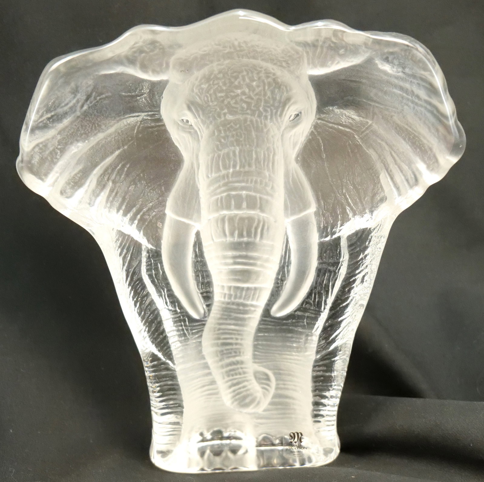 Art Glass Elephant Statue: Art Glass Elephant Statue by Mats Jonasson. Signed on bottom #3665 Sweden. Measures 8" tall x 7" wide. All invoices must be paid within 24 hours of the sale. We offer multiple shipping options, please
