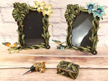 Lot of Jeweled and Enameled Decorative Items: Group Lot of Jeweled and Enameled Decorative Items including (2) Picture Frames with Butterflies - Marked Two's Company, Leaf Dresser Box, and Tiger Bottle Stopper - In the manner of Jay Strongwater.