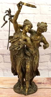 19th Century Bronze Figurine: 19th Century Bronze Figurine depicting Two Women Dancing with Tambourine. Signed on base. Measures 25" tall x 15" wide. All invoices must be paid within 24 hours of the sale. We offer multiple shippin