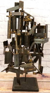 Mid Century Modern Brutalist Abstract Iron Sculpture: Mid Century Modern Brutalist Abstract Iron Sculpture. Artist Signed. U.W. Comes on wooden base. Measures 32" tall x 17" wide. All invoices must be paid within 24 hours of the sale. We offer multiple s